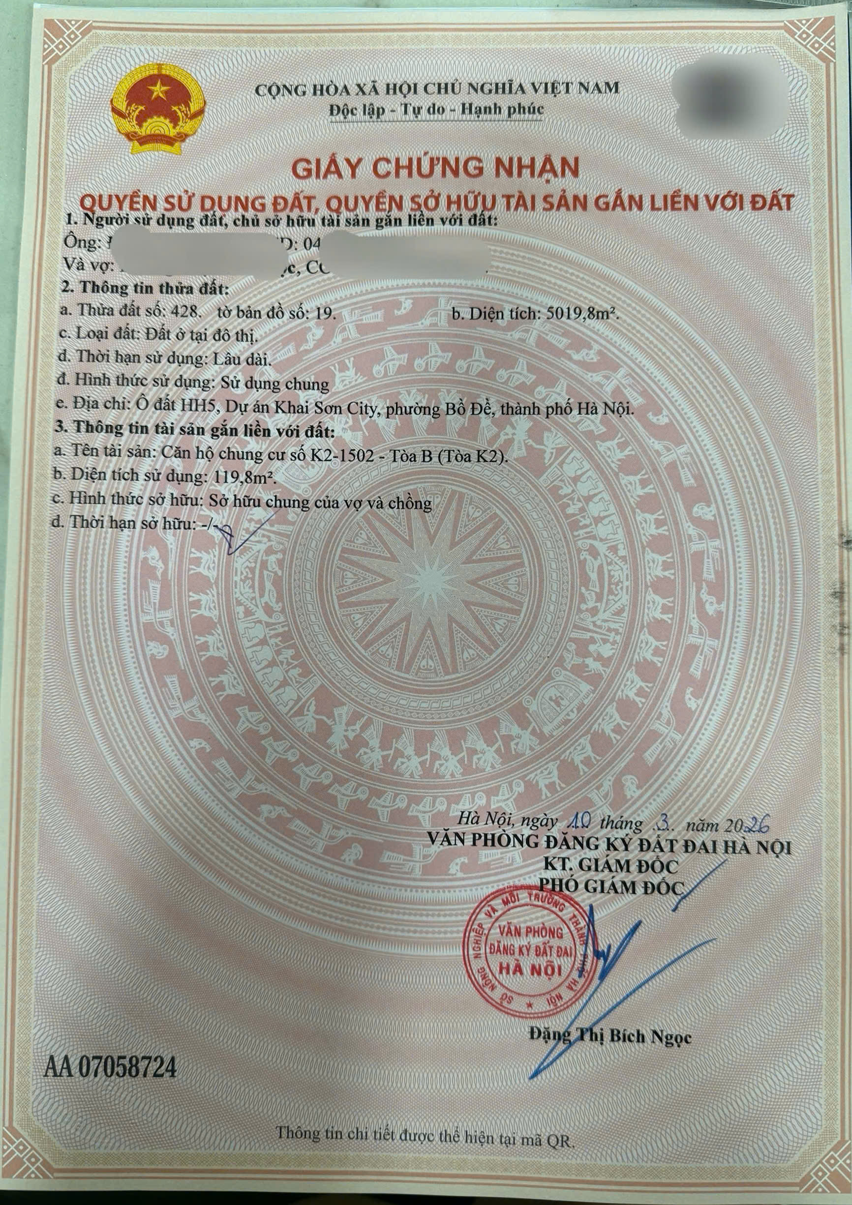 Sổ đỏ thật Khai Sơn City – Trang chứng nhận quyền sở hữu